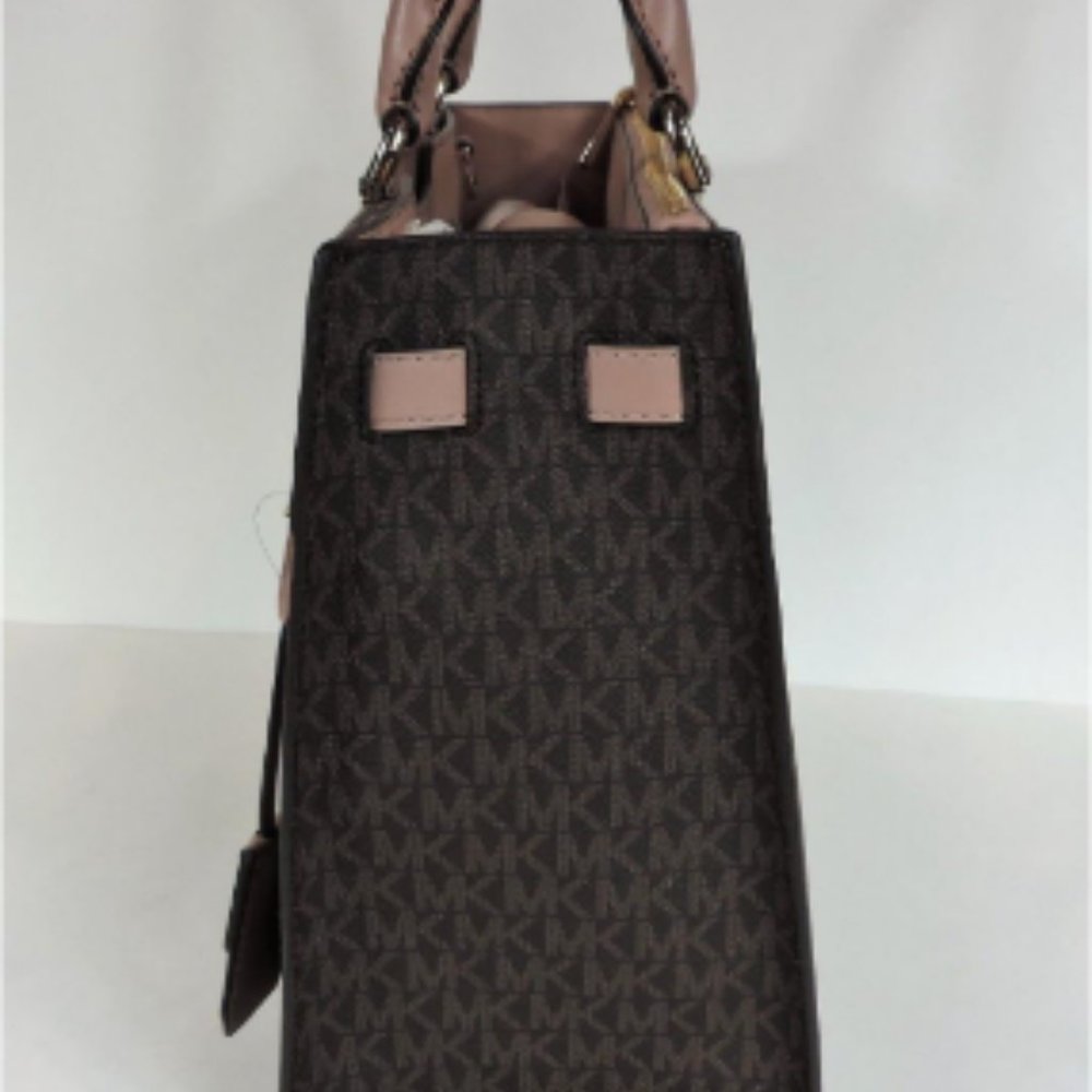 Michael Kors Reagan Large Satchel Signature Brown Soft Pink Fawn Coated Twill - Picture 10 of 11